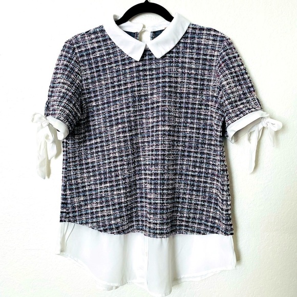 Misia woman’s faux 2 in one tweed blouse top M petter pan collar preppy feminine - Picture 1 of 13
